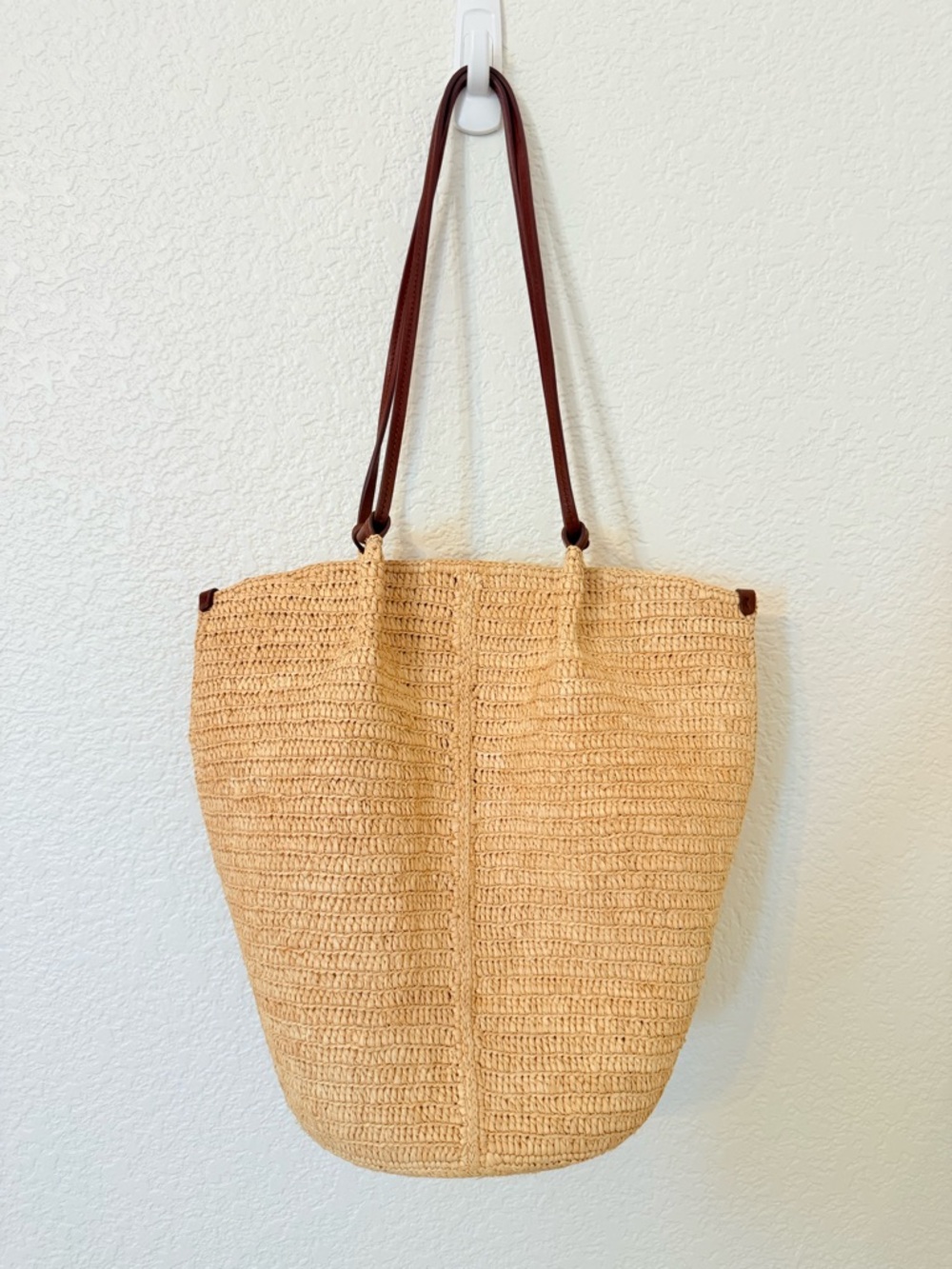 SEZANE Romie Straw Woven Tote Bag with Brown Leather Straps